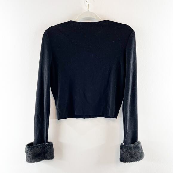 Wayf Long Sleeve Button Front Cropped Cardigan with Faux Fur Cuffs Black Medium - Picture 9 of 9